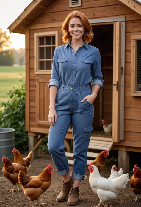 (medium full shot) of (handsome farmer) young woman, arabian, tan skin, hazel eyes, full-figured build, short ginger bob hair,  wearing a denim blue work shirt, cargo pants, sturdy shoes, overalls, set in  Farm, Chicken Coop, small wooden structure with wire mesh fencing, nesting boxes inside, chickens clucking and moving around, a feed dispenser near the entrance, at sunset, woman smiling, Masterpiece,best quality, photo, realistic, very aesthetic, detailed face,