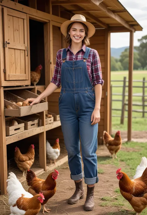 (medium full shot) of (sturdy farmer) young woman, australian, fair skin, light brown eyes, slender build, short brown bob hair,  wearing a plaid shirt, bib overalls, leather shoes, straw hat, set in  Farm, Chicken Coop, small wooden structure with wire mesh fencing, nesting boxes inside, chickens clucking and moving around, a feed dispenser near the entrance, woman smiling, Masterpiece,best quality, photo, realistic, very aesthetic, detailed face,