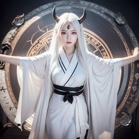 face lighting, bright backlight, super high resolution, best quality, Photos, 4k, (Realistic:1.2), huiye, 1girl, (the third eye:1.2), horns, (pale skin:1.4), (white hair:1.2), (full-size photograph:1.2),
<lora:huiye_20230709000237:0.7>,
dark theme, fantasy twisted world, (magic circle:1.3), summoning, white japanese kimono, dynamic angle, wide open arms,
