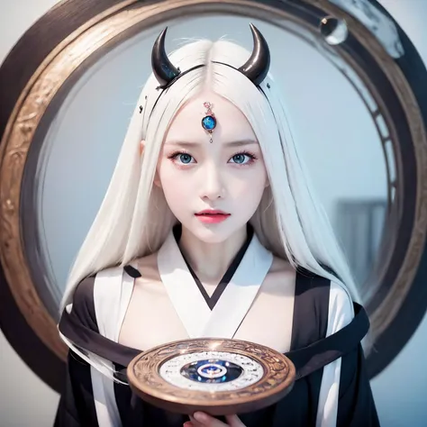 face lighting, bright backlight, super high resolution, best quality, Photos, 4k, (Realistic:1.2), huiye, 1girl, (the third eye:1.2), horns, (pale skin:1.4), (white hair:1.2), (full-size photograph:1.2), 
<lora:huiye_20230709000237:0.7>, 
dark theme, fantasy twisted world, cowboy shooting, sfw, hand unfolding, magic circle, summoning,