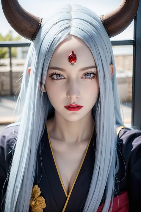 face lighting,bright backlight,super high resolution,best quality,Photos,4k,(Realistic:1.2),huiye,1girl,the third eye,horns,pale skin,white hair,kimono,stand,
<lora:huiye_10:0.9>,