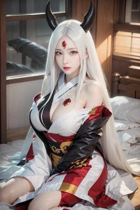 face lighting,bright backlight,super high resolution,best quality,Photos,4k,(Realistic:1.2),huiye,1girl,(kimono:1.1),(the third eye:1.3),horns,(pale skin:1.5),(white hair:1.2),long hair,(night:1.2),
<lora:huiye_20:0.8>,