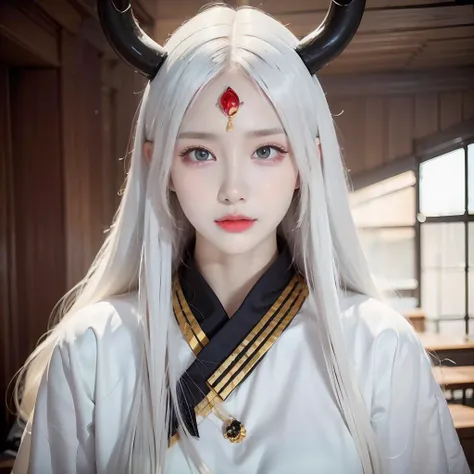 face lighting,bright backlight,super high resolution,best quality,Photos,4k,(Realistic:1.2),huiye,1girl,(the third eye:1.3),horns,(pale skin:1.4),(white hair:1.2),(full-size photograph:1.2),
<lora:huiye_20:0.8>,