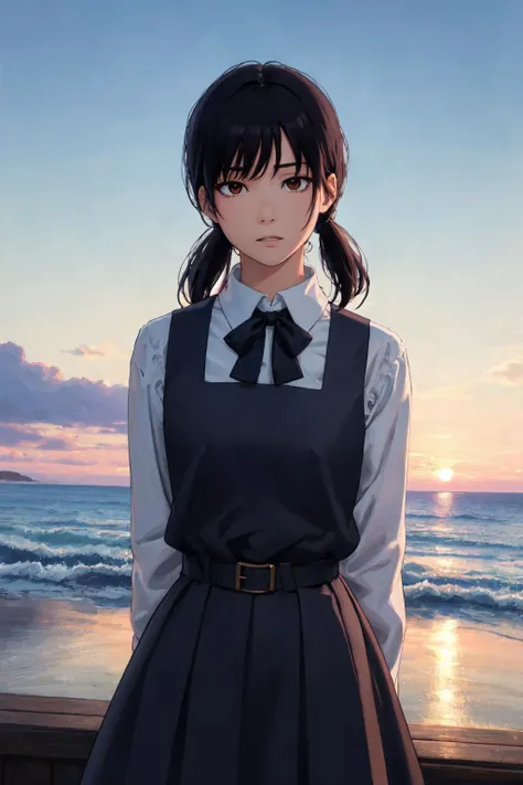 ray tracing, absurdres, offical art, illustration, (((masterpiece))),(((best quality))),((ultra-detailed)), hayao miyazaki style, 1girl, aged_up, solo, looking at viewer, arms behind back, asa_mitaka, black hair, black ribbon, pinafore dress, anime, black pinafore dress, brown eyes, <lora:Asa_Mitaka-000006:0.6>, upper-body, sea, sunset