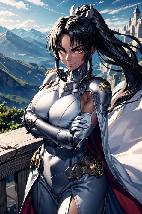 (masterpiece, best quality, detailed), 1girl, solo, looking at viewer, mirabell, dark skin, hair ornament, ponytail,
armor, breastplate, armored dress, cape, gloves, pauldrons, outdoors, mountain, castle, fantasy, scenery, sky, crossed arms, breast hold, arms under breasts, smile, closed mouth, smug