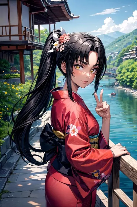 (masterpiece, best quality, detailed), 1girl, solo, looking at viewer, mirabell, dark skin, hair ornament, ponytail,
yukata, kimono, obi, print kimono, japanese clothes, hair flower, outdoors, house, rural, village, scenery, path, river, bridge, peace sign, smile, closed mouth