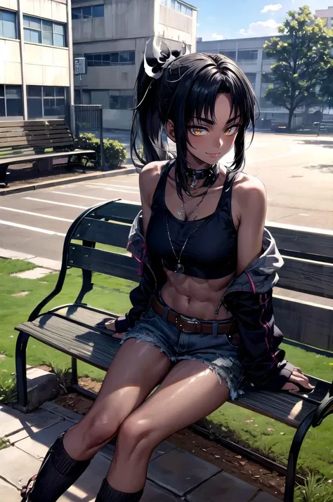 (masterpiece, best quality, detailed), 1girl, solo, looking at viewer, mirabell, dark skin, hair ornament, ponytail,
<lora:edgGrungeFreestyle:1>, (edgGrunge, wearing edgGrunge fashion:1.1), sunglasses, multiple belts, torn clothes, <lora:school_yard_v0.1:1>, school yard, field, sitting on bench, on bench, bench, sitting, full body, smug, smile, closed mouth