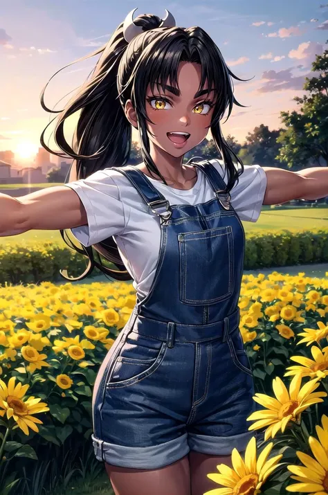 (masterpiece, best quality, detailed), 1girl, solo, looking at viewer, mirabell, dark skin, hair ornament, ponytail,
overalls, short sleeves, white gloves, white shirt, outdoors, garden, grass, flower pot, sunset, yellow flower, spread arms, outstretched arms, smile, open mouth