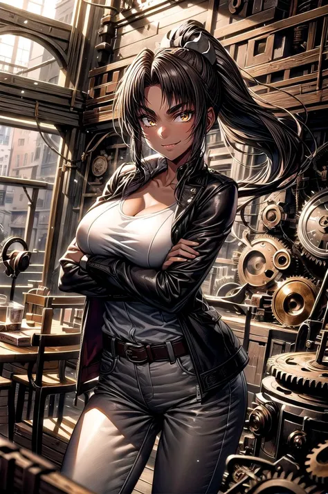 (masterpiece, best quality, detailed), 1girl, solo, looking at viewer, mirabell, dark skin, hair ornament, ponytail,
fedora, brown headwear, brown pants, black belt, cowboy hat, brown jacket, leather jacket, indiana jones, white shirt, satchel, <lora:gearEntangle:0.5>, gear, machine, indoors, clock, chair, table, book stack, crossed arms, breast hold, arms under breasts, smile, closed mouth, smug