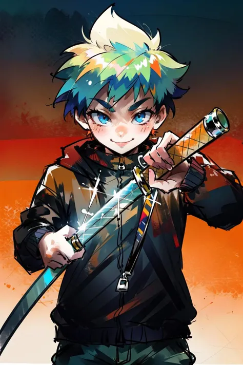 1boy, drawing sword, kagurabachi, smile,, perfect lighting, masterpiece, award-winning, best quality, reflective skin, highres, best quality, solo, outdoor, <lora:Kagurabachi:0.9>
