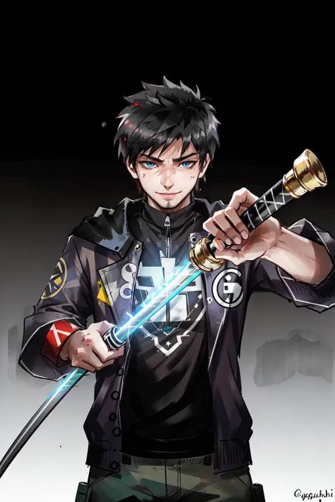 1boy, drawing sword, kagurabachi, smile,, perfect lighting, masterpiece, award-winning, best quality, reflective skin, highres, best quality, solo, simple background, <lora:Kagurabachi:0.9>