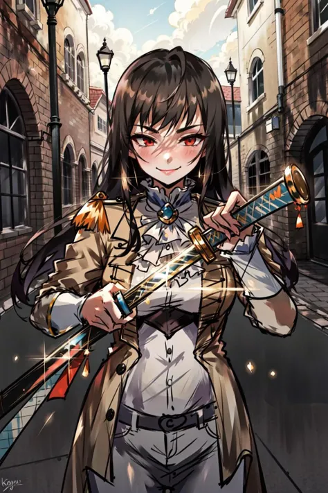 drawing sword,   kagurabachi,   smile,,  perfect lighting, masterpiece,  award-winning,  1girl  best quality, reflective skin, highres, best quality, solo, outdoor,   <lora:Kagurabachi:0.8>    <lora:CelineLORA:1>