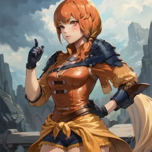 (masterpiece, best quality, high resolution),cowboy shot, 1girl, LeonieMS, long hair , shorts, armor, black gloves, shoulder armor, belt, side ponytail, <lora:LeonieMS:1>