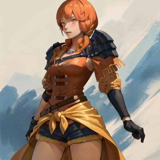 (masterpiece, best quality, high resolution),cowboy shot, 1girl, LeonieMS, long hair , shorts, armor, black gloves, shoulder armor, belt, side ponytail, <lora:LeonieMS:1>