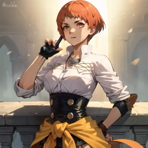 (masterpiece, best quality, high resolution),cowboy shot, 1girl, LeonieMS, short hair, garreg mach monastery uniform, uniform, gloves, fingerless gloves, clothes around waist, white shirt,  <lora:LeonieMS:1>