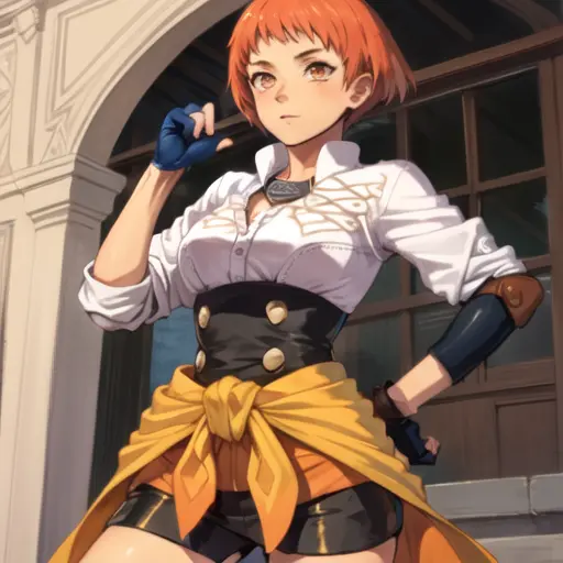 (masterpiece, best quality, high resolution),cowboy shot, 1girl, LeonieMS, short hair, garreg mach monastery uniform, uniform, gloves, fingerless gloves, clothes around waist, white shirt, <lora:LeonieMS:1>