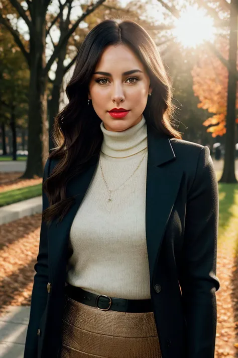 beautiful woman (bsuarez woman:.99), perfect waist, closeup portrait, realistic, (detailed:1.15),(film grain, skin details, 4k:1), skeptical, Dappled Light, analog style (look at the viewer), (skin texture), (film grain), (hyper-realistic texture skin:1.3), cinematic light, sidelighting, ultra high res, best shadow, RAW, beautiful hair, designer jacket, fashionable skirt, turtleneck shirt, winter city park, professional model photoshoot, hdr, sunset, (red lips)