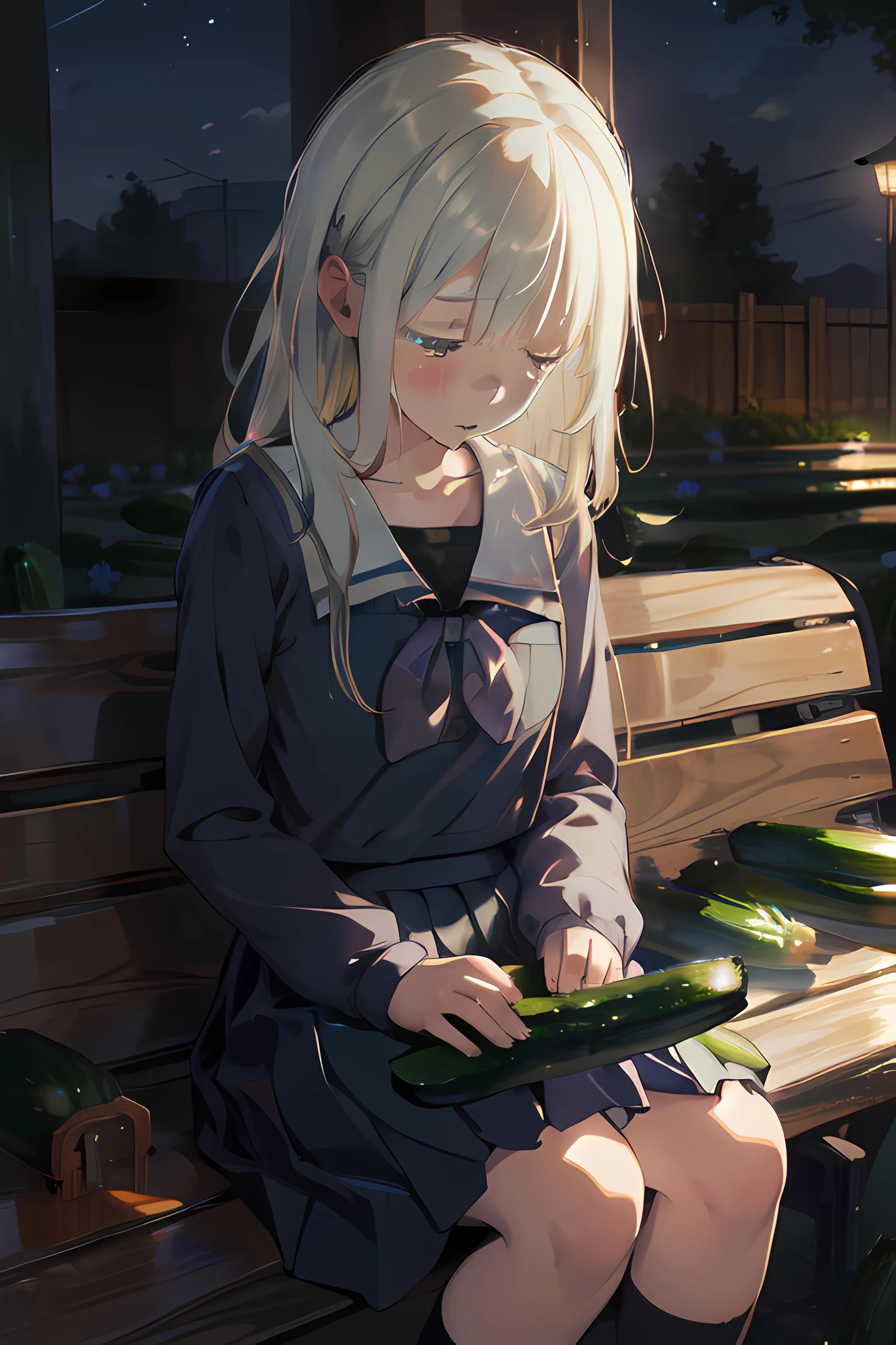 best quality, masterpiece, highres, solo, serafuku, 1girl, school_uniform, skirt, long_sleeves, collarbone, shirt, <lora:MUTOU:0.6>, sitting, bench, night, long hair, sad, head down, tears, ((small cucumbers))