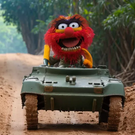 (( a man driving a tank in a warzone in the jungle, zoom out))<lora:TheAnimalLoRA:1> theanimal, red hair, spiky teeth, bushy eyebrows, red full beard, collar with spikes, wristband with chains