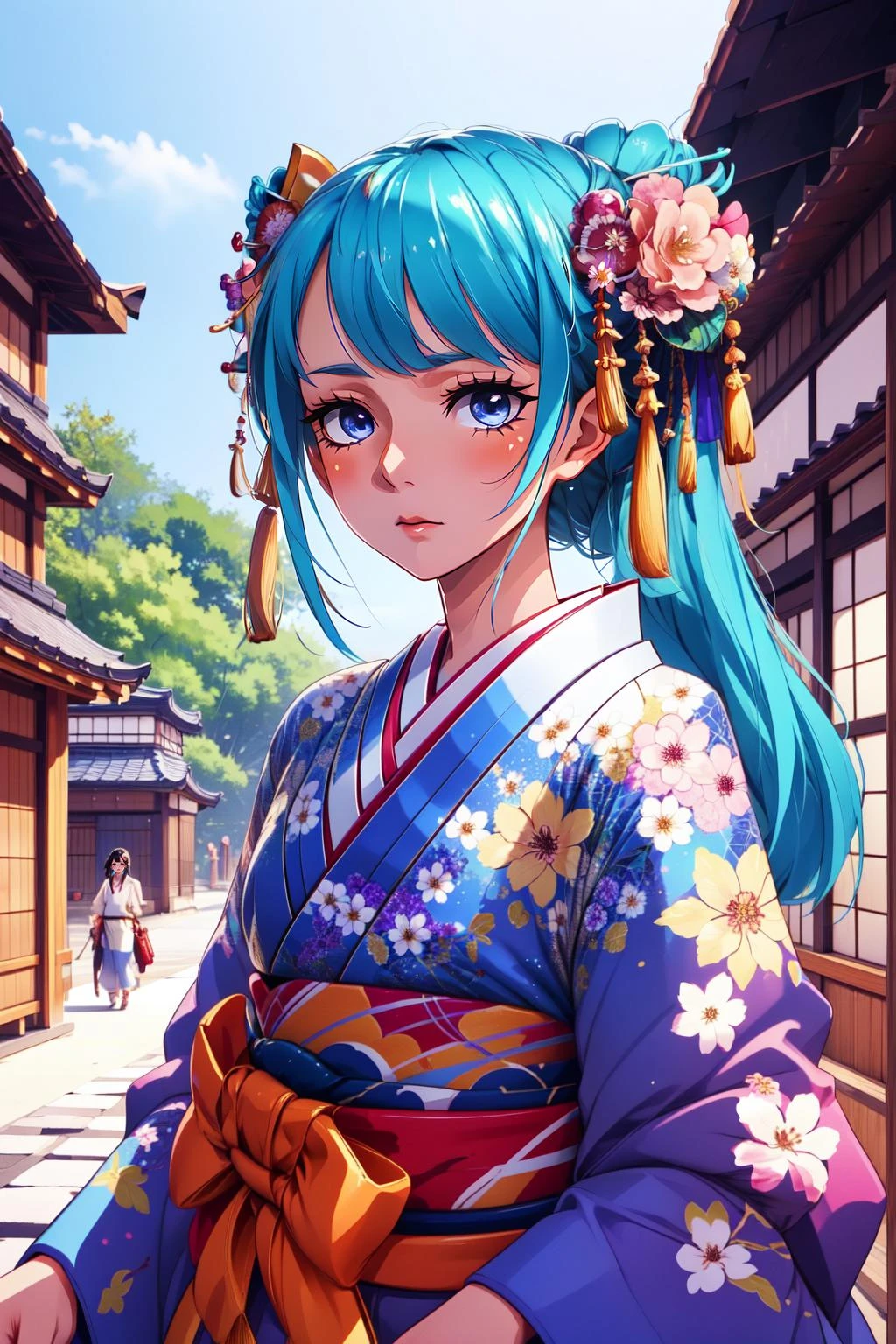 (masterpiece, best quality), intricate details,
1girl, <lora:kouzuki_hiyori-10:0.8> kouzuki_hiyori, flower, japanese clothes, kimono
standing, blood on face, outdoors, japanese village,