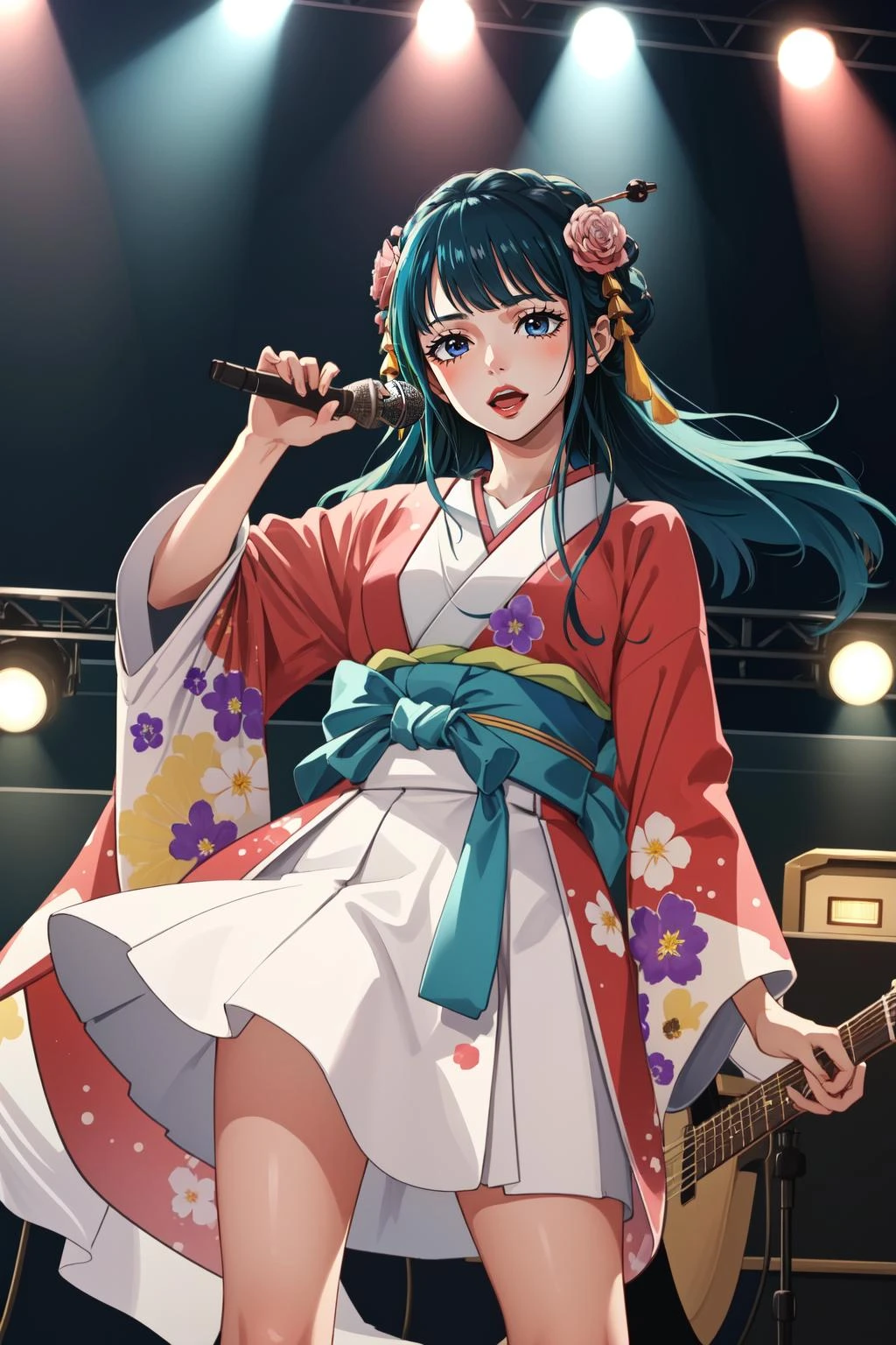 (masterpiece, best quality), intricate details,
1girl, <lora:kouzuki_hiyori-10:0.8> kouzuki_hiyori, flower, japanese clothes, kimono
singing, holding microphone, on stage, idol concert, speakers, guitar, stage lights,