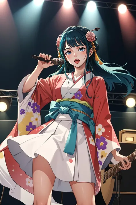 (masterpiece, best quality),  intricate details,
1girl,     <lora:kouzuki_hiyori-10:0.8> kouzuki_hiyori, flower, japanese clothes, kimono
singing, holding microphone, on stage, idol concert, speakers, guitar, stage lights,