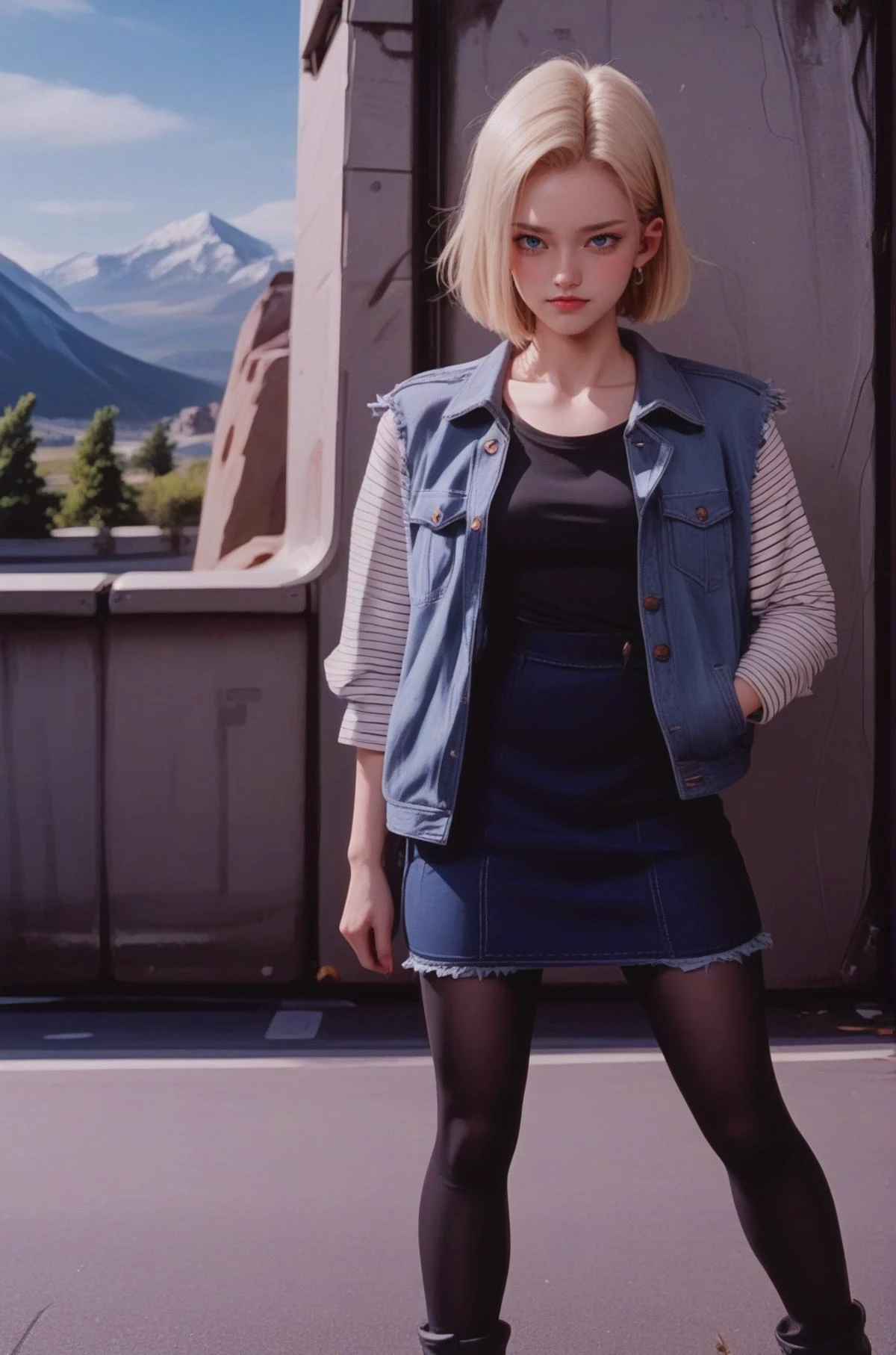 rating_safe,score_9, score_8_up, score_7_up, score_6_up, photo realistic
,photo,ultra-detailed blonde hair, many detailed tangle hair streak,airly hair
,nose blush,fullbody
,<lora:cyborgc18dbz1XL_Pony_v1:0.85>cyborgc18dbz, 1girl, blonde hair, blue eyes, short hair, earrings,striped sleeves,skirt,denim jacket,black shirt,black tights
,On a mountain roadway,driveway,cliff
,(push hair back:1.2)
,100-400mm lens, best composition,
,(slim,slender,lanky,long legs,short torso,leggy:1.2)
<lora:Pony_DetailV2.0:4>