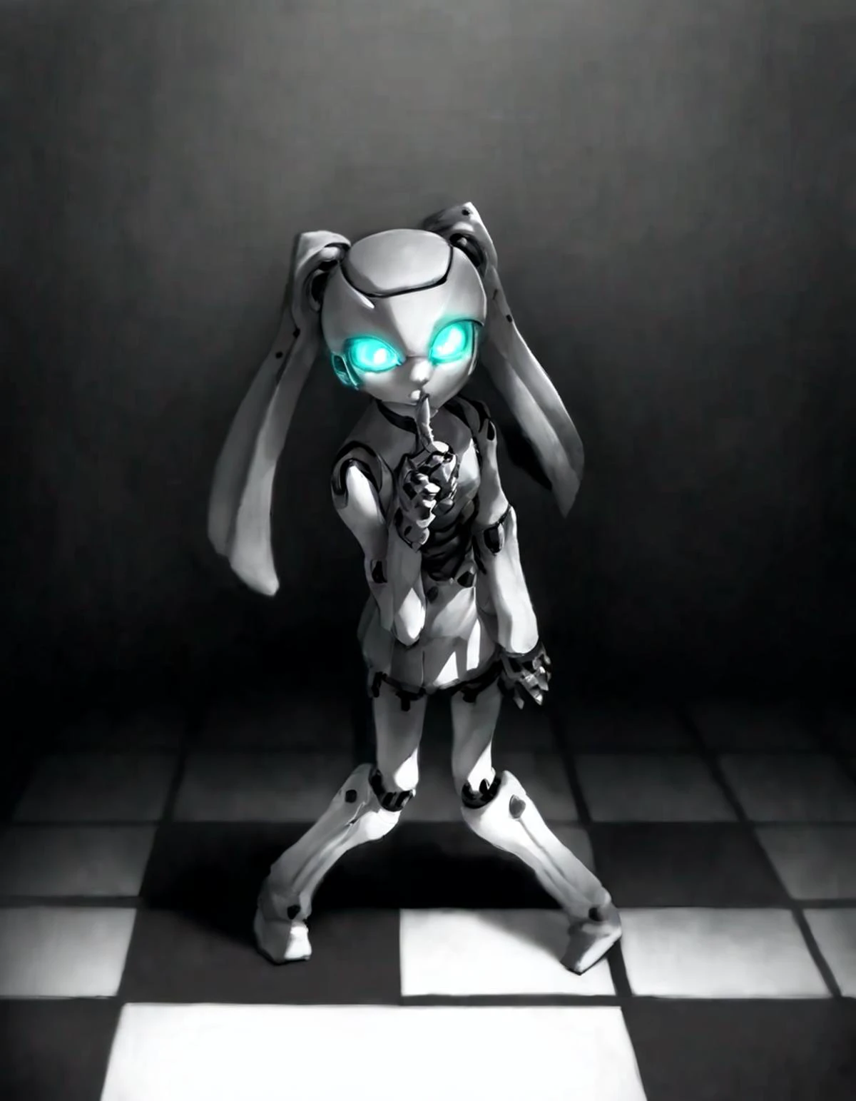 score_9, score_8_up, score_7_up, score_6_up, score_5_up, score_4_up, source_anime, drosselvonflugel, solo, looking at viewer, standing, monochrome, full body, greyscale, aqua eyes, leaning forward, glowing, glowing eyes, finger to mouth, checkered floor, shushing