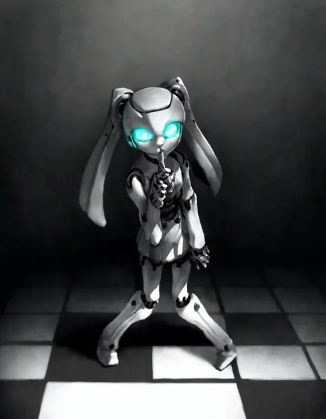 score_9, score_8_up, score_7_up, score_6_up, score_5_up, score_4_up, source_anime,  drosselvonflugel, solo, looking at viewer, standing, monochrome, full body, greyscale, aqua eyes, leaning forward, glowing, glowing eyes, finger to mouth, checkered floor, shushing