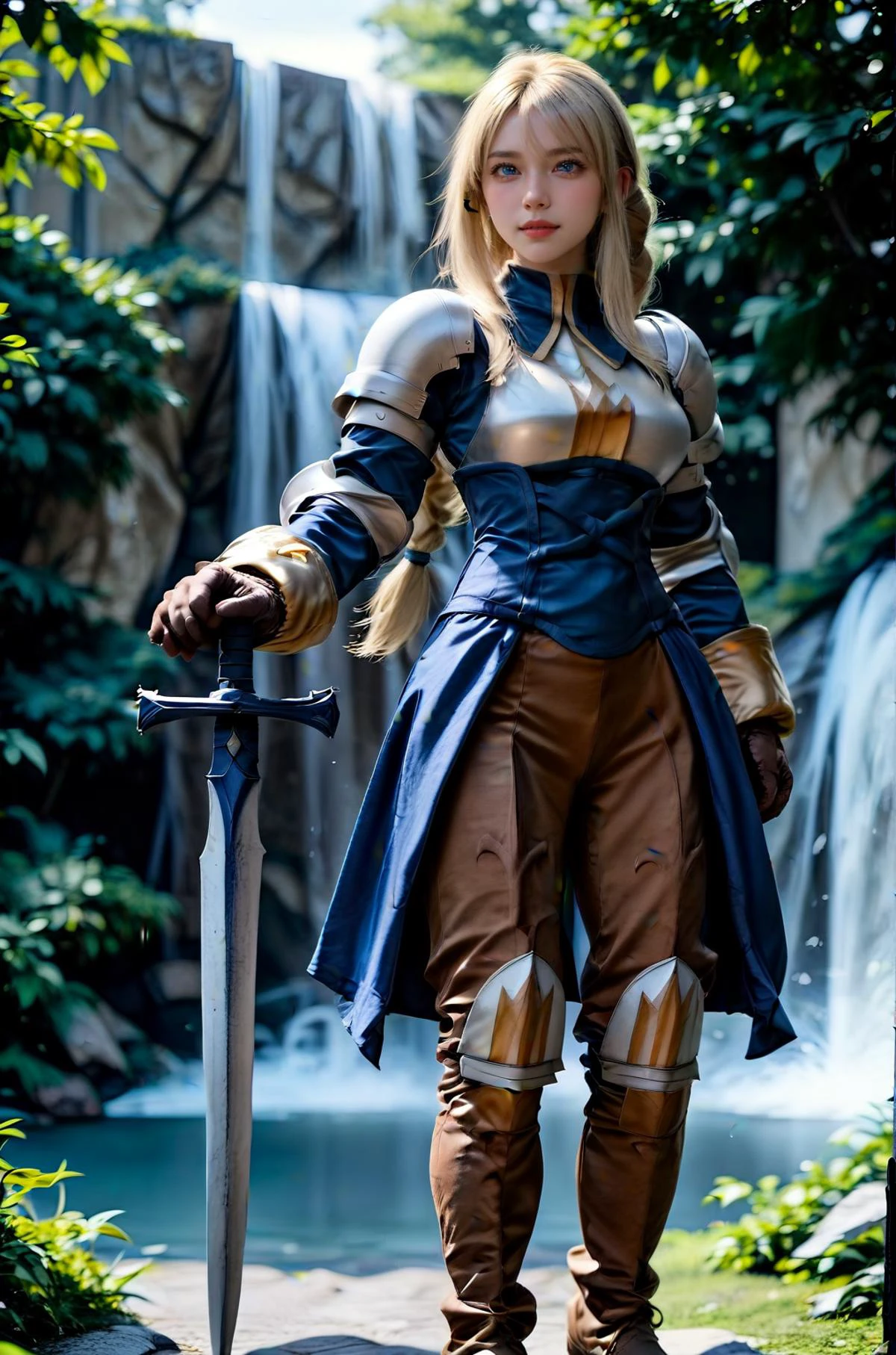 rating_safe,score_9, score_8_up, score_7_up, score_6_up, photo realistic
,photo,ultra-detailed blonde hair, many detailed tangle hair streak,airly hair
,bare breasts,nose blush,fullbody
,<lora:agrias-pdxl-nvwls-v1:1>agrias, blonde hair, braided ponytail,shoulder armor, armor, corset, brown pants, brown gloves, knee pads, boots
,ready a sword
,detailed waterfall and stream background
,100-400mm lens, best composition,
,(slim,slender,lanky,Tall and long legs,short torso,leggy:1.2)
<lora:Pony_DetailV2.0:4>