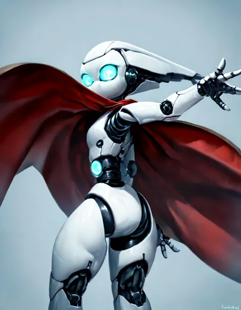 score_9, score_8_up, score_7_up, score_6_up, score_5_up, score_4_up, source_anime, drosselvonflugel, solo, looking at viewer, standing, weapon, looking back, grey background, cape, aqua eyes, glowing, glowing eyes