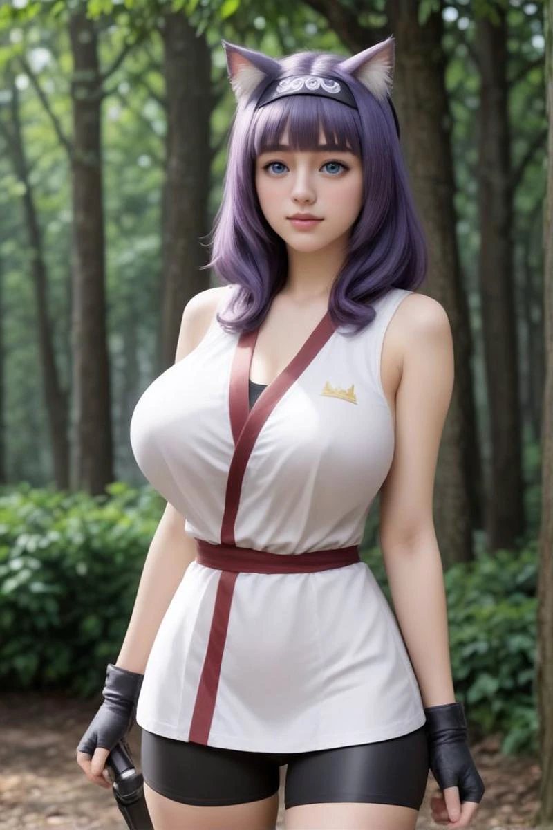 <lora:titaniaMIXRealisticPony_realisticPonyV60_Lora:0>
score_9, score_8_up, score_7_up, score_6_up, score_5_up, ((realistic photography, photorealism, realistic detailed face, realistic detailed skin, detailed eyes, sharp focus, high resolution, masterpiece, highest quality, 4k wallpaper)), uncensored, BREAK, leggy, super extreme gigantic breasts:50, breast expansion:50, bouncing breasts, torpedo breasts, teardrop breast, gleaming breasts,
<lora:hitamu:0.8>hitamu,1girl, solo, animal ears, blue eyes, breasts, purple hair, gloves, outdoors, headband, tree, fingerless gloves, day, cat ears, sky, bike shorts, cloud, nature, cleavage, blush, long hair, bangs, cowboy shot, forest, hairband, sleeveless, blunt bangs, looking at viewer, smile,