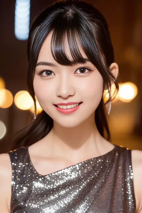 (a gorgeous lady, age 20s, classic black dress that exudes timeless elegance, posing naturally under night sky, kind smile, dimpled cheeks, short ponytail, cute snaggleteeth, ample round bosom, perfect body anatomy, photorealistic, beautiful detailed eyes, hyper-realism, high contrast, ultra HD, realistic skin textures, top image quality, top-quality, super high resolution, fine details, very meticulously, high angle shot, medium shot, cowboy shot, bokeh background, SFW)