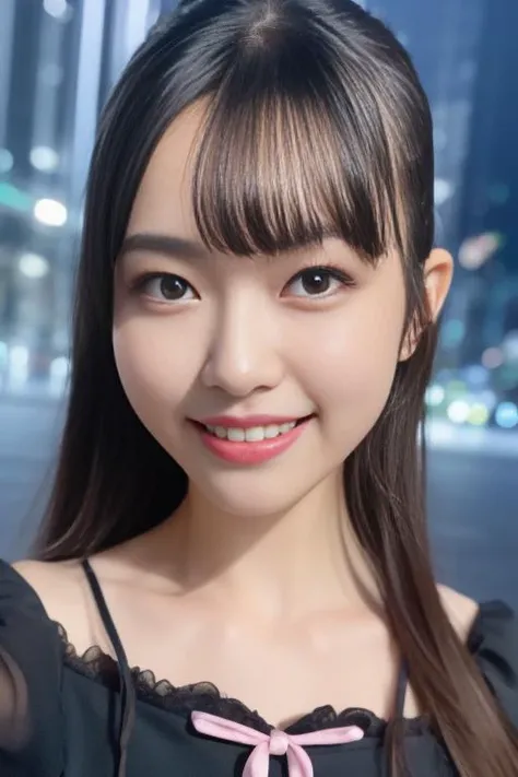 1girl,(wearing a black dress and pink tie),(RAW photo, best quality), (realistic, photo-realistic:1.4), masterpiece, an extremely delicate and beautiful, extremely detailed, 2k wallpaper, Amazing, finely detail, extremely detailed CG unity 8k wallpaper, ultra-detailed, highres, soft light, beautiful detailed girl, extremely detailed eyes and face, beautiful detailed nose, beautiful detailed eyes,cinematic lighting,city lights at night,perfect anatomy,slender body,smiling <lora:hoshitanimikuruV2_lora:0.8>