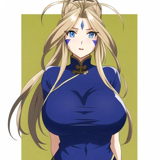<lora:Bdandy:.4>, (Belldandy), huge_breasts, (facial_mark:1.1), blue_eyes, blonde_hair, china_dress, standing, arms_behind_back