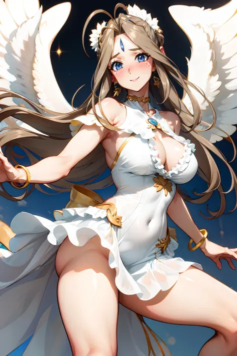 (masterpiece, best quality),1girl, solo, <lora:Belldandy:0.5>belldandy, brown hair, white one piece dress with lots of beautiful frills, goddess,big angel wingS, long_hair, facial_mark, forehead_mark, blue_eyes, jewelry, brown_hair, smile, large_breasts, earrings, choker, bracelet, antenna_hair, blush, ponytail, huge_breasts, bangle, <lora:povFacesitting_v10:0.4>from below, open legs, dance in the sky