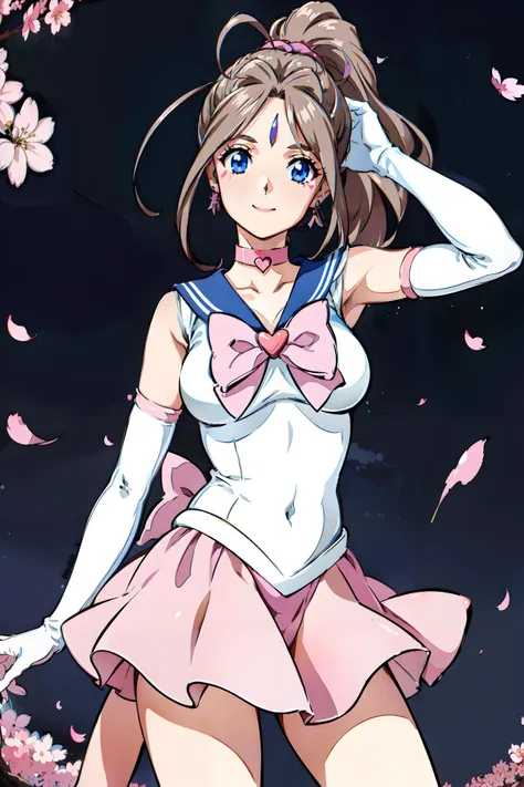 masterpiece,1girl, solo, choker,large_breasts, antenna_hair, jewelry,pink sailor outfit, elbow gloves,ponytail, blue_eyes, bracelet, earrings, prnk ribbon,facial_mark, long hair, dynamic ungle, pink collar, smile, <lora:Belldandy:0.55> Belldandy, blue_eyes, brown_hair, (facial_mark:1.3), <lora:Sailor Outfit:0.4>, pink micro mini skirt, galaxy background,cinematic backlight, cherry blossom storm