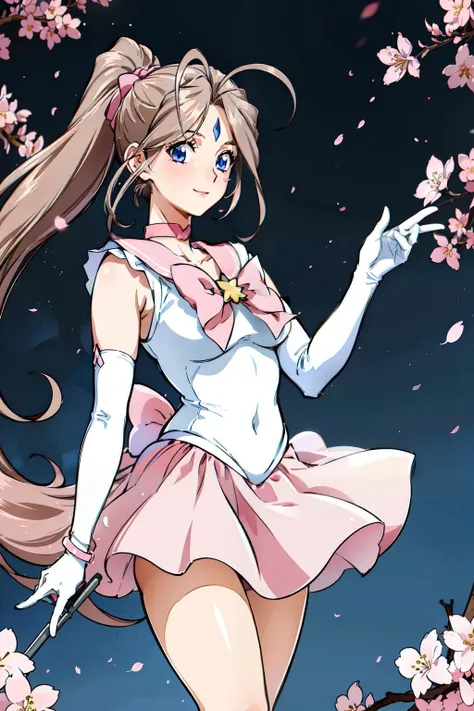 masterpiece,, symmetrical composition, 1girl, solo, choker,large_breasts, antenna_hair, jewelry,pink sailor outfit, elbow gloves,ponytail, blue_eyes, bracelet, earrings, prnk ribbon,facial_mark, long hair, dynamic ungle, pink collar, open legs, smile, <lora:Belldandy:0.65> Belldandy, blue_eyes, brown_hair, (facial_mark:1.3), <lora:Sailor Outfit:0.4>, pink micro mini skirt, cinematic backlight, cherry blossom storm, Row of cherry trees, (galaxy background, twinkling star, big moon floating)