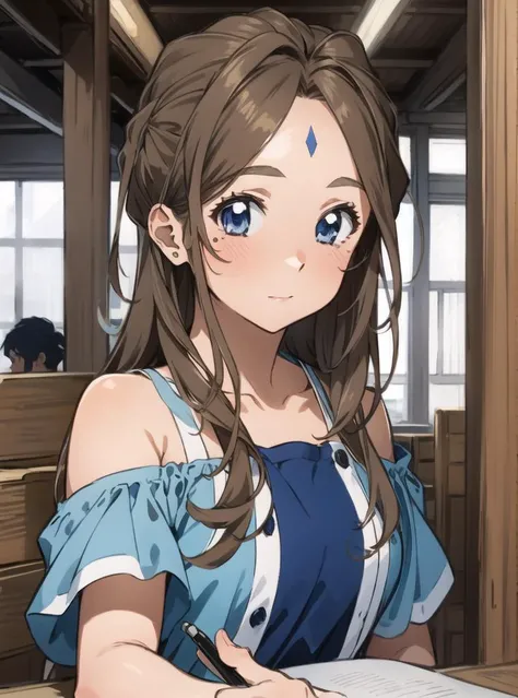 masterpiece, best quality, 1girl, potion, full body++, dark moody lighting, glow, glowing, mysterious, mystical, magical, rim lighting, 1girl, bangs, bare_shoulders, book, holding, holding_pen, indoors, looking_at_viewer, open_book, pen, quill, reading, solo, blue and white tunic,brown hair ,small fingers, Belldandy, blue_eyes, brown_hair, cute face,(facial_mark1.8), <lora:Belldandy:0.8>