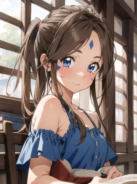masterpiece, best quality, 1girl, potion, full body, dark moody lighting, glow, glowing, mysterious, mystical, magical, rim lighting, 1girl, bangs, bare_shoulders, book, holding, holding_pen, indoors, looking_at_viewer, open_book, pen, quill, reading, solo, blue tunic,brown hair ,small fingers, Belldandy, blue_eyes, brown_hair, cute face,(facial_mark1.8), <lora:Belldandy:0.8>
