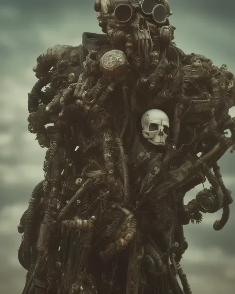 postapocalypse warrior, skull, skeleton, mech, cybertech, 4k, highest quality,grunge aesthetics, grunge textures,