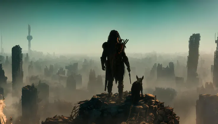 (post apocalyptic destroyed city landscape:1.1)<lora:ApocalypseEngine:0.6>,(solo (male:1.2) Yautja survivor predator (standing on roof of skyscraper looking over the city:1.2) ( holding bloody spine with skull in hand:1.1)1.1) <lora:AwienPwedatow1:0.4>, smiling,strong man, high quality, high detail, 16k UHD, unreal, stylistic, (Extremely Detailed Oil Painting:1.2), glow effects, godrays, Hand drawn, render, 8k, octane render, cinema 4d, blender, dark, atmospheric 4k ultra detailed, cinematic sensual, Sharp focus, humorous illustration, big depth of field, Masterpiece, colors, 3d octane render, 4k, concept art, trending on artstation, hyperrealistic, Vivid colors, extremely detailed CG unity 8k wallpaper, trending on ArtStation, trending on CGSociety, Intricate, High Detail, dramatic, detailed skin texture, (blush:0.5), (goosebumps:0.5), subsurface scattering