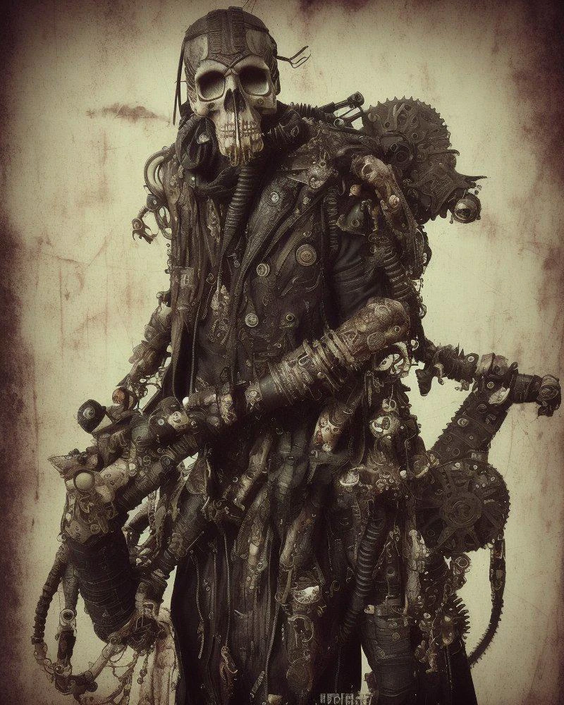 postapocalypse warrior, skull, skeleton, mech, cybertech, 4k, highest quality,grunge aesthetics, grunge textures, washed out colors, art by RFKTR_bontrex-150