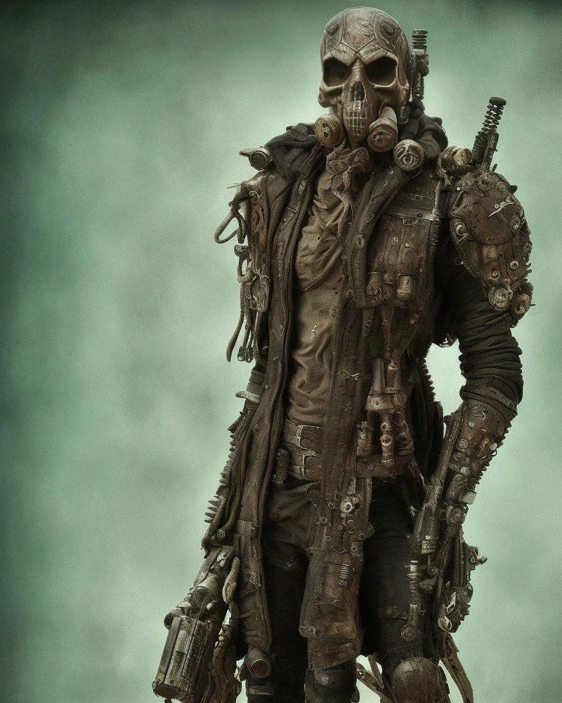 postapocalypse warrior, skull, skeleton, mech, cybertech, 4k, highest quality,grunge aesthetics, grunge textures, washed out colors, art by RFKTR_bontrex-150