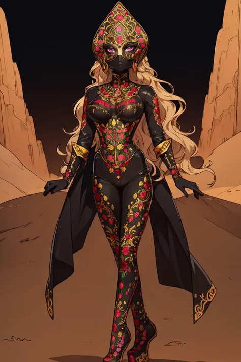portrait, desert, Arabia, A woman with long blonde wavy hair, full body, wearing HUD_LG_911, ornate embroidered leather mask, darkened eye sockets, headdress, corset, gloves, long sleeves, bodysuit, shoes, <lora:HUD_LG_911-08:0.65>