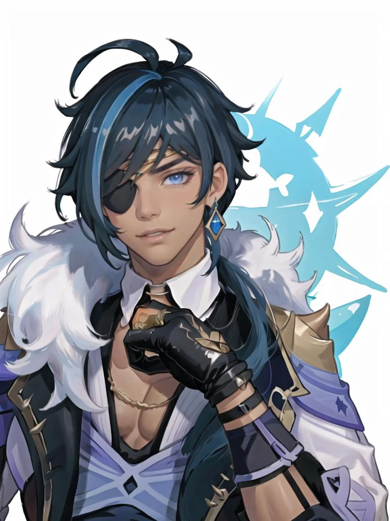 best quality, masterpiece, highres, 1boy,male,solo,upper body, <lora:kaeyaGenshinImpact_v10:1>,kaeya (genshin impact), dark-skinned male, dark skin, eyepatch, long hair, blue hair, blue eyes, bangs, jewelry, earrings, single earring, gloves, black gloves, fingerless gloves