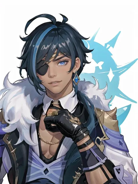 best quality, masterpiece, highres, 1boy,male,solo,upper body,  <lora:kaeyaGenshinImpact_v10:1>,kaeya (genshin impact), dark-skinned male, dark skin, eyepatch, long hair, blue hair, blue eyes, bangs, jewelry, earrings, single earring, gloves, black gloves, fingerless gloves