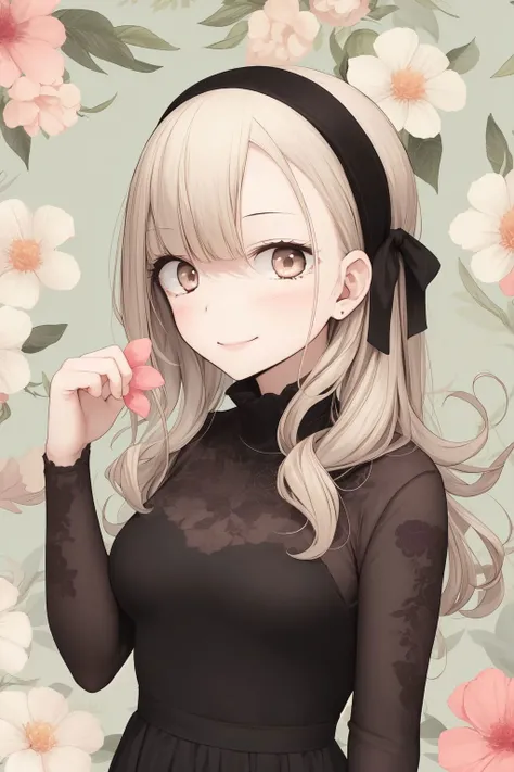 upper body, solo, 1girl, looking at another, :o, blush, medium breasts, sweater dress, bright, Eucalyptus_seeded \(flower\), floral background <lora:butcha-u_style_v03:1>