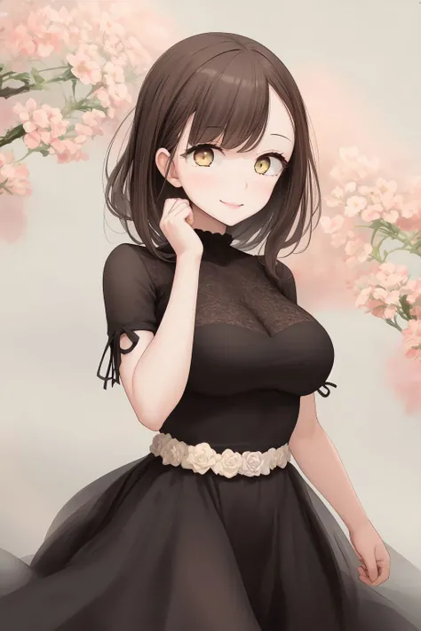 upper body, solo, 1girl, looking at viewer, smile, blush, large breasts, foggy atmosphere, Gypsophila_paniculata \(flower\), floral background <lora:oouso_style_v01.10:1>