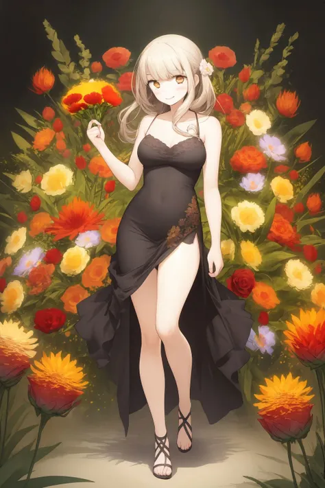 full body, solo, 1girl, looking away, smile, blush, medium breasts, glttering light, Strawflower \(flower\), floral background <lora:oouso_style_v01.10:1>